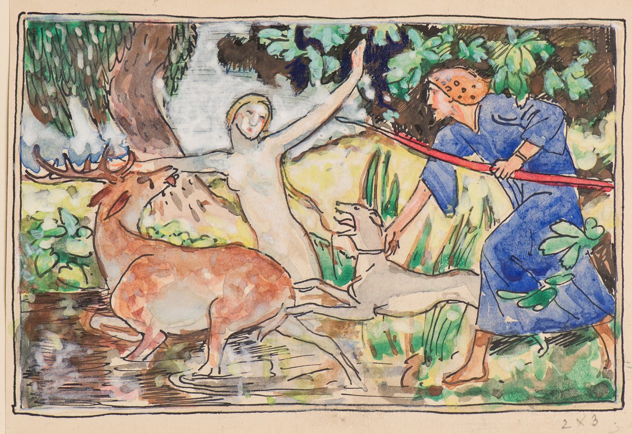 Diana ja Actaeon (akvarelli) tekijältä John Duncan