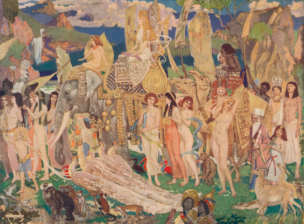 Norsunluu, apinat ja riikinkukot Saban kuningatar, vuodelta 1909 tekijältä John Duncan