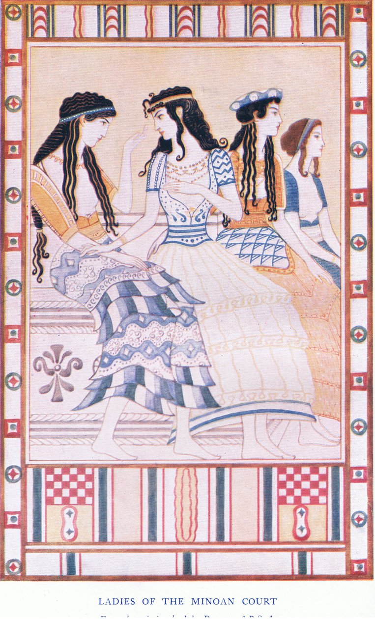 Ladies of the Minoan Court, kuvitus Kreetan myyttejä ja Pre-Hellenic Europe -pubista. kirjoittanut Gresham Publishing Company Limited 1920-luku (värilitho) tekijältä John Duncan