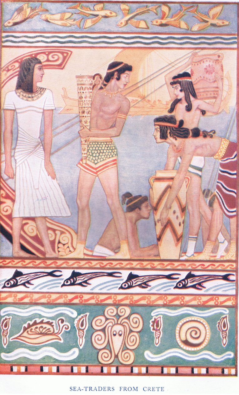 Merikauppiaita Kreetalta, kuvitus Myths of Cretesta ja Pre-Hellenic Europe -pubista. Gresham Publishing Company Limitedin 1920-luvulla tekijältä John Duncan