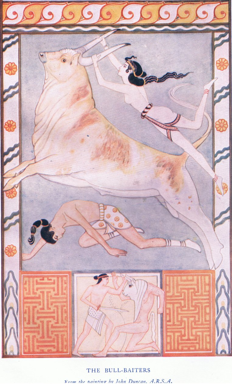 The Bull Baiters, kuvitus Myths of Crete ja Pre-Hellenic Europe -pubista. Gresham Publishing Company Limitedin 1920-luvulla tekijältä John Duncan