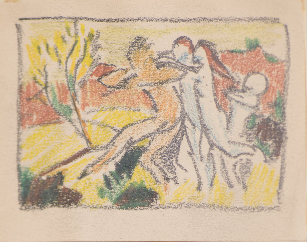 Nimetön [Kolme naishahmoa pidättelevät miestä] (lyijykynä) tekijältä John Duncan
