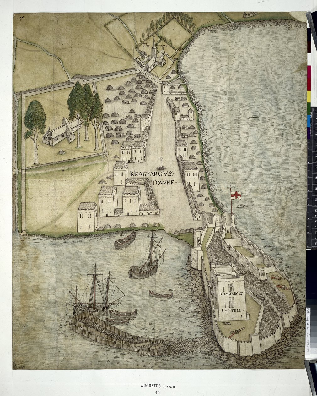 Puuvilla MSS Augustus I ii 41 Plan of Carrickfergus (Co. Antrim) 1612 (kynä ja muste pesulla paperille) tekijältä John Dunstall
