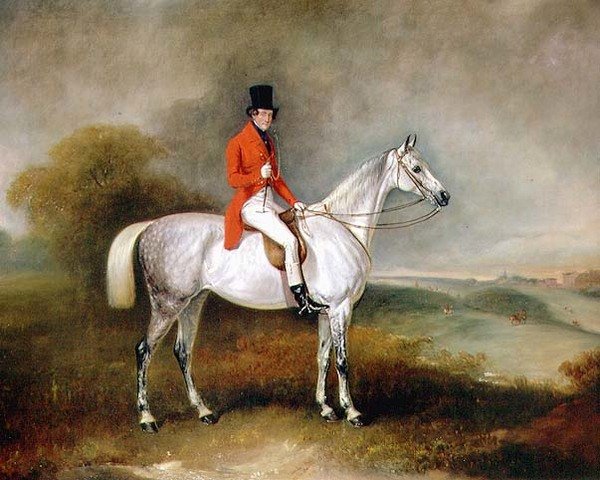 Charles Neil Hogg metsästäjällään "Alice Grey", Ormely Hall, Leicestershire tekijältä John E. Ferneley