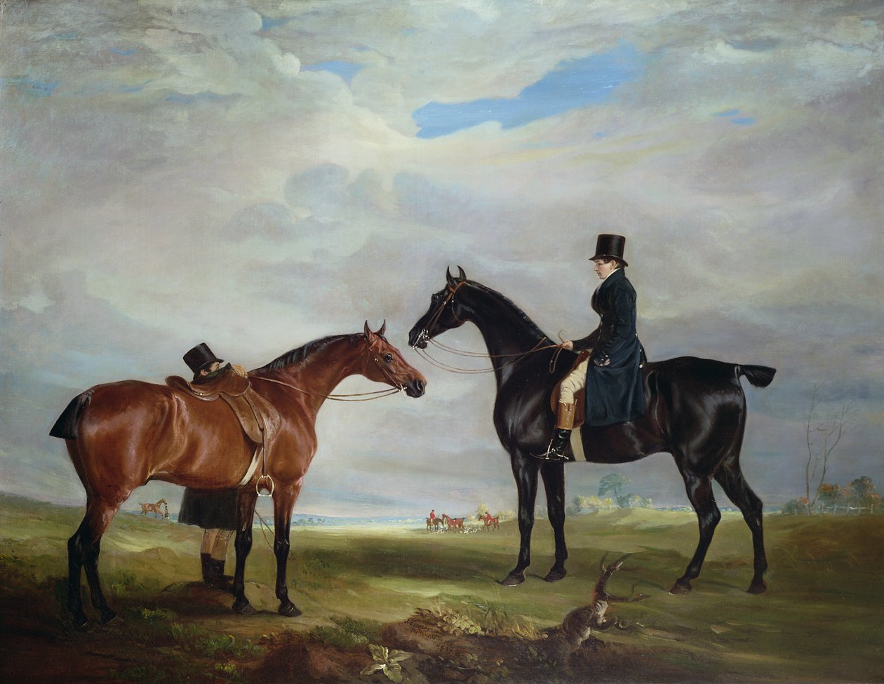 Frank Hall seisoo Black Hunterissa sulhanen ja toisen hevosen kanssa tekijältä John E. Ferneley