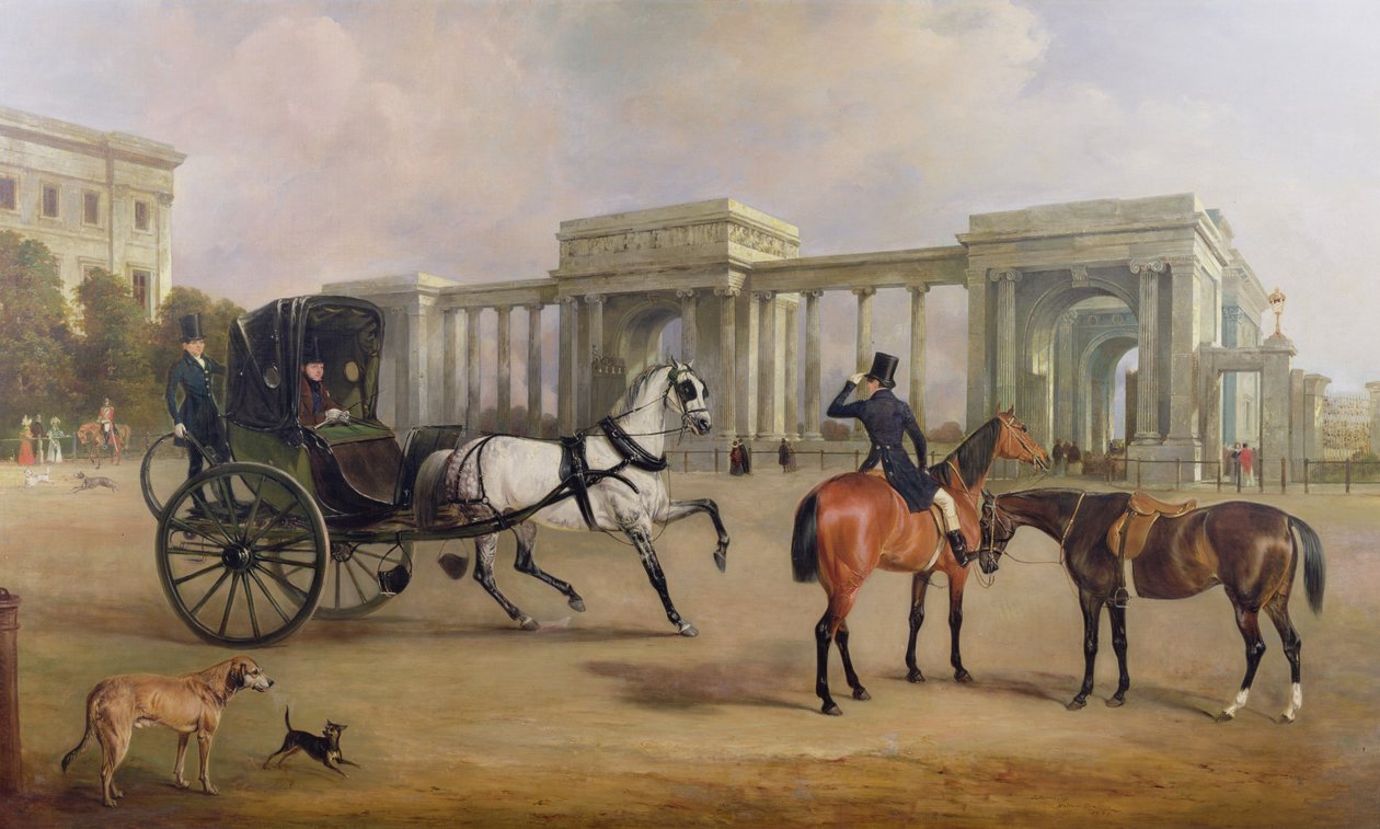 Mr. Massey Stanley avoauton ja hakkerien kanssa Hyde Park Cornerissa, 1833 tekijältä John E. Ferneley