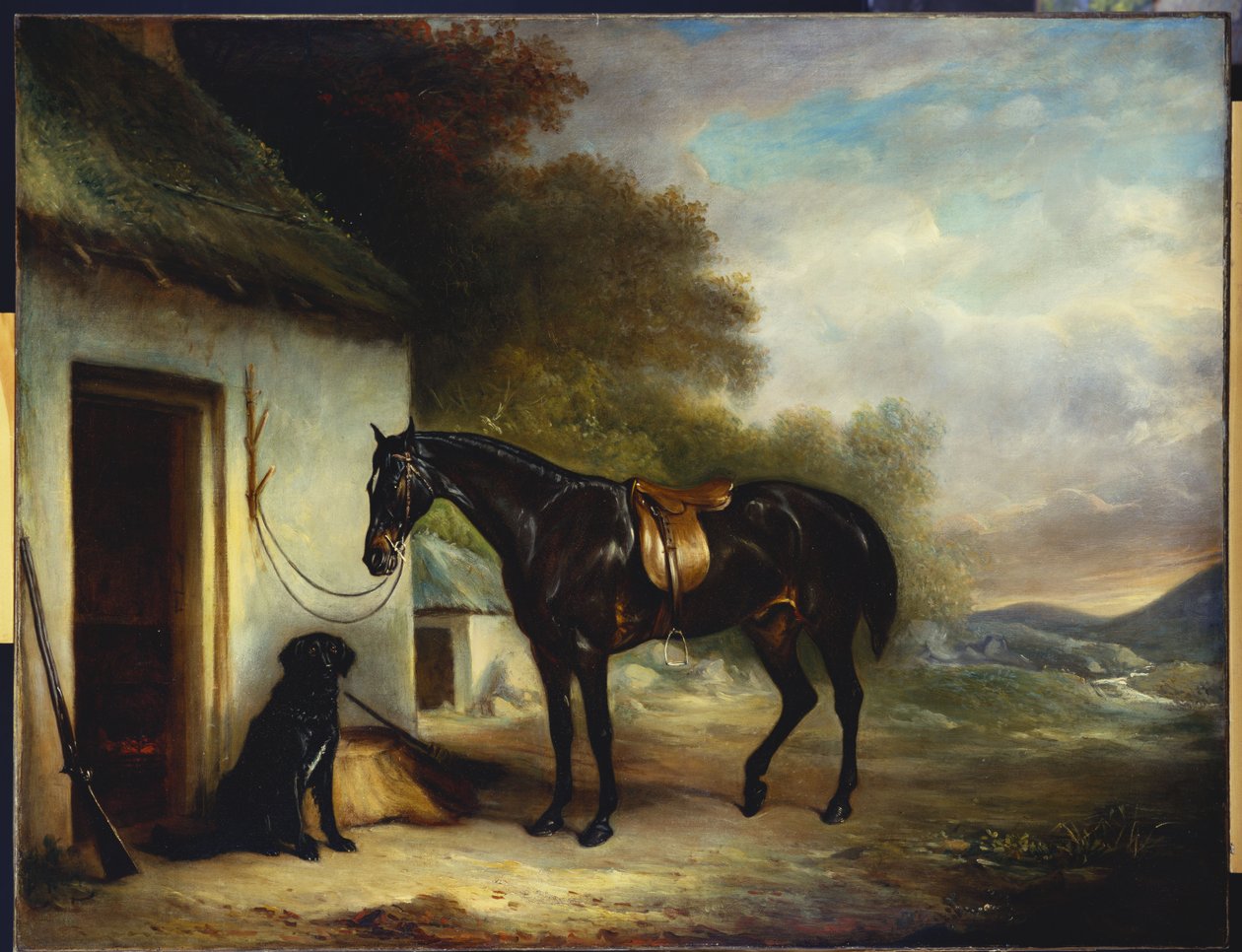 Herra Stuartin suosikkimetsästäjä, Vagabond, ja hänen tasakarvainennoutaja Nell, mökin ovella, 1867 tekijältä John E. Ferneley