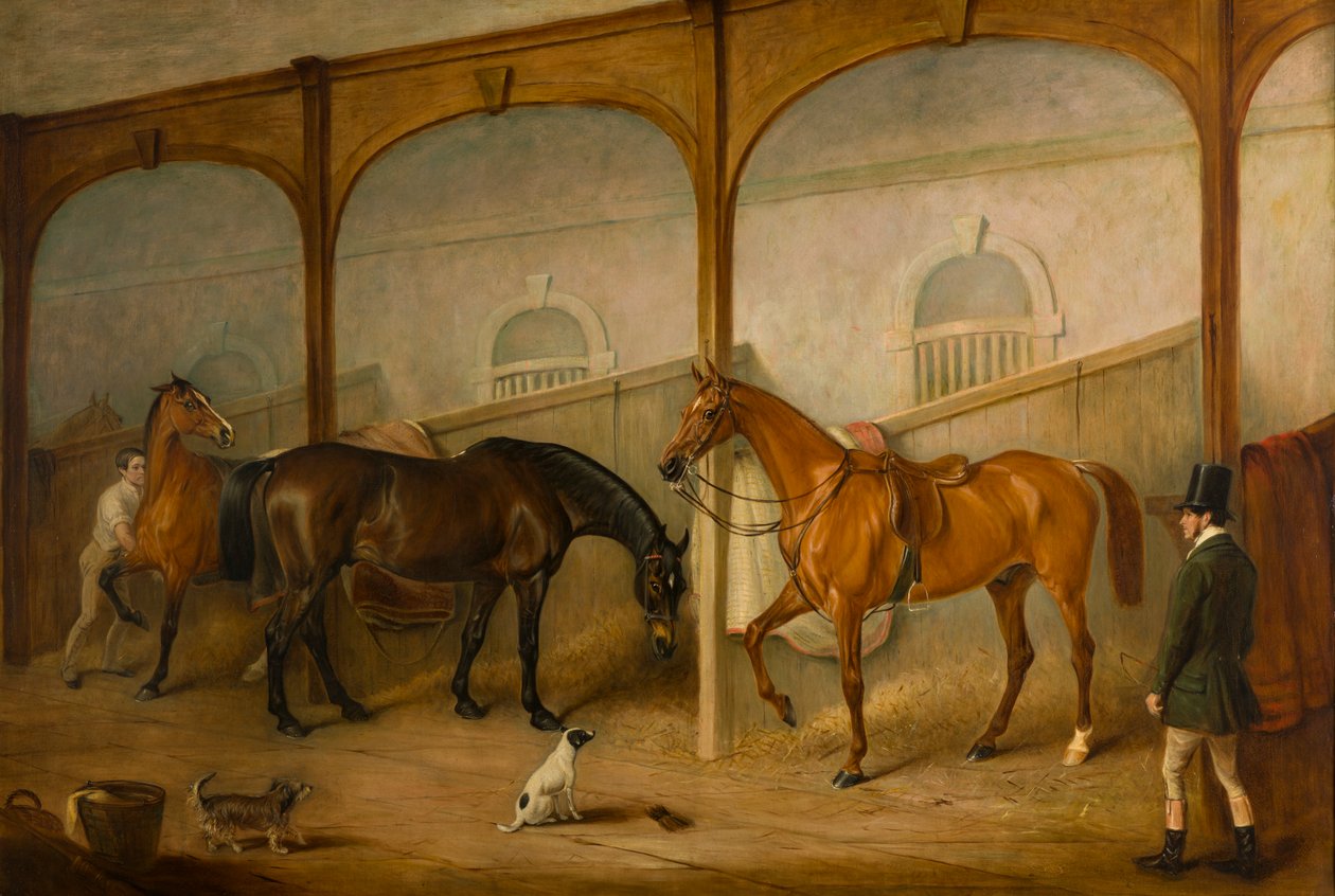Tom of Lincoln ja The Engineer in the Stables at Newport Lodge, Melton Mowbray, Leicestershire, n. 1852 (öljy kankaalle) tekijältä John E. Ferneley
