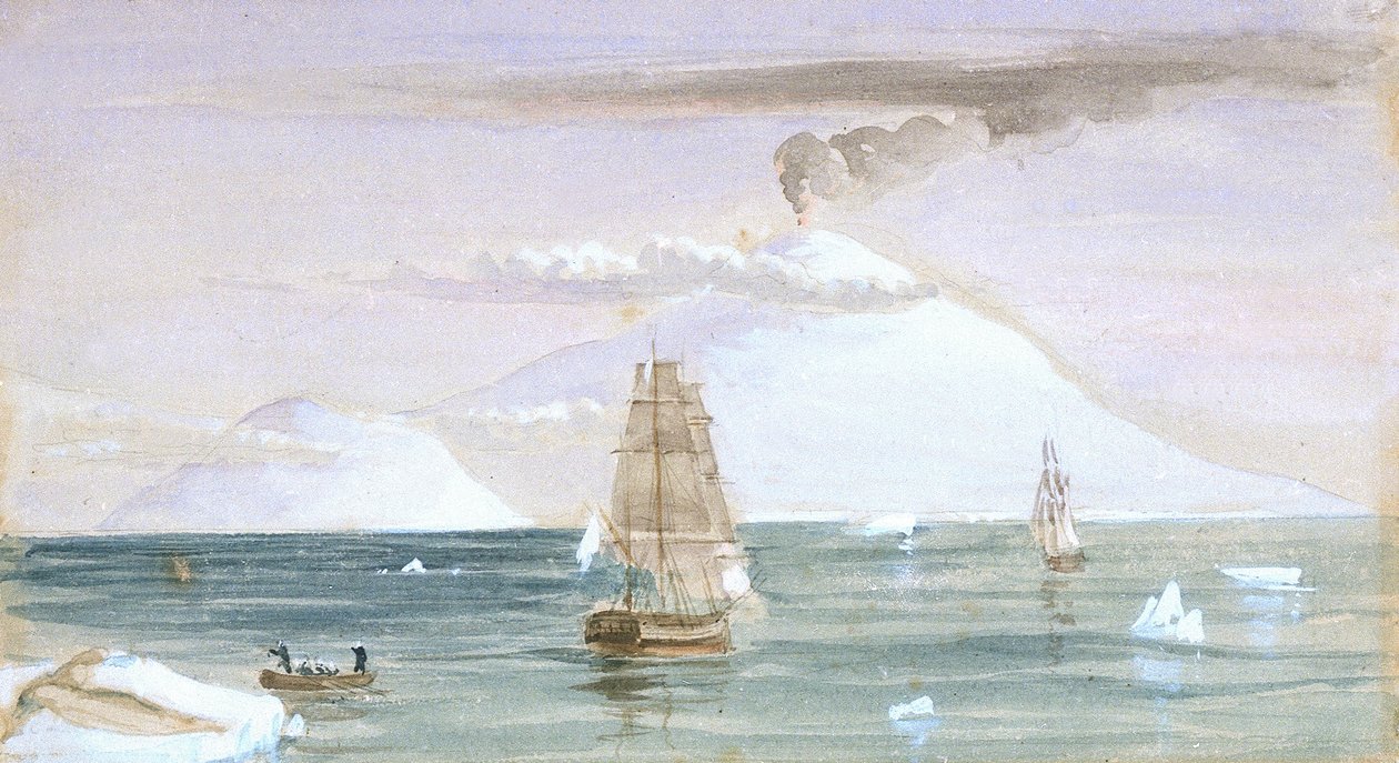 Beaufortin saari ja Mount Erebus. Löydetty 28. tammikuuta 1841 tekijältä John Edward Davis