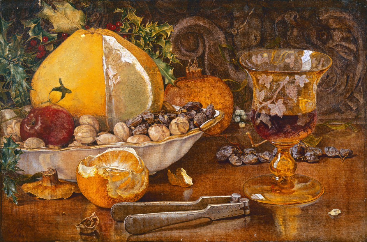 Hedelmien, pähkinöiden ja viinilasin asetelma, 1864 tekijältä John Edward Newton
