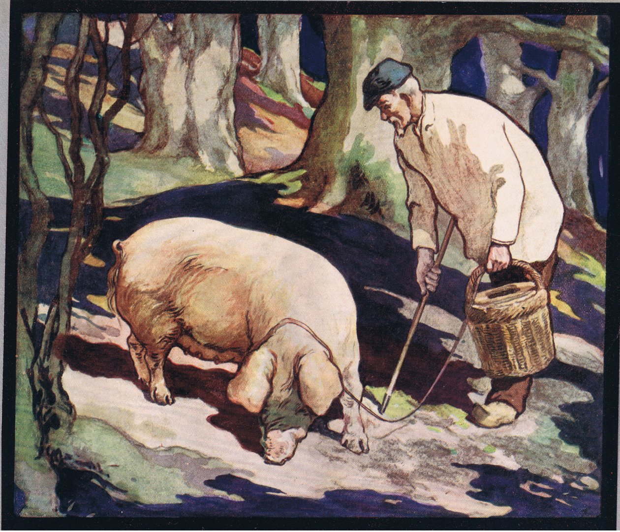 Possu etsii tryffeleitä, kuvitus Gladys Davidsonin vuonna 1919 julkaistusta "Helpers Without Hands" -kirjasta (värilitho) tekijältä John Edwin Noble