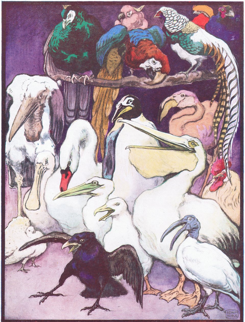 "At Length the Paint was Nearly All Used Up", kuvitus "The Angel Artistista", "Animal Legends from Many Lands" -julkaisusta, julkaisija Raphael Tuck & Sons Ltd. (väri litho) tekijältä John Edwin Noble