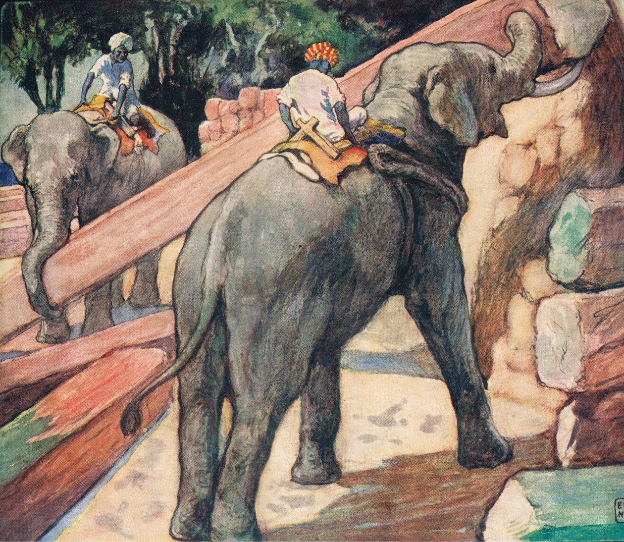 Elefantit käsittelevät tukkeja, kuvitus Gladys Davidsonin "Helpers Without Hands" -julkaisusta, julkaistu vuonna 1919 (värilitho) tekijältä John Edwin Noble