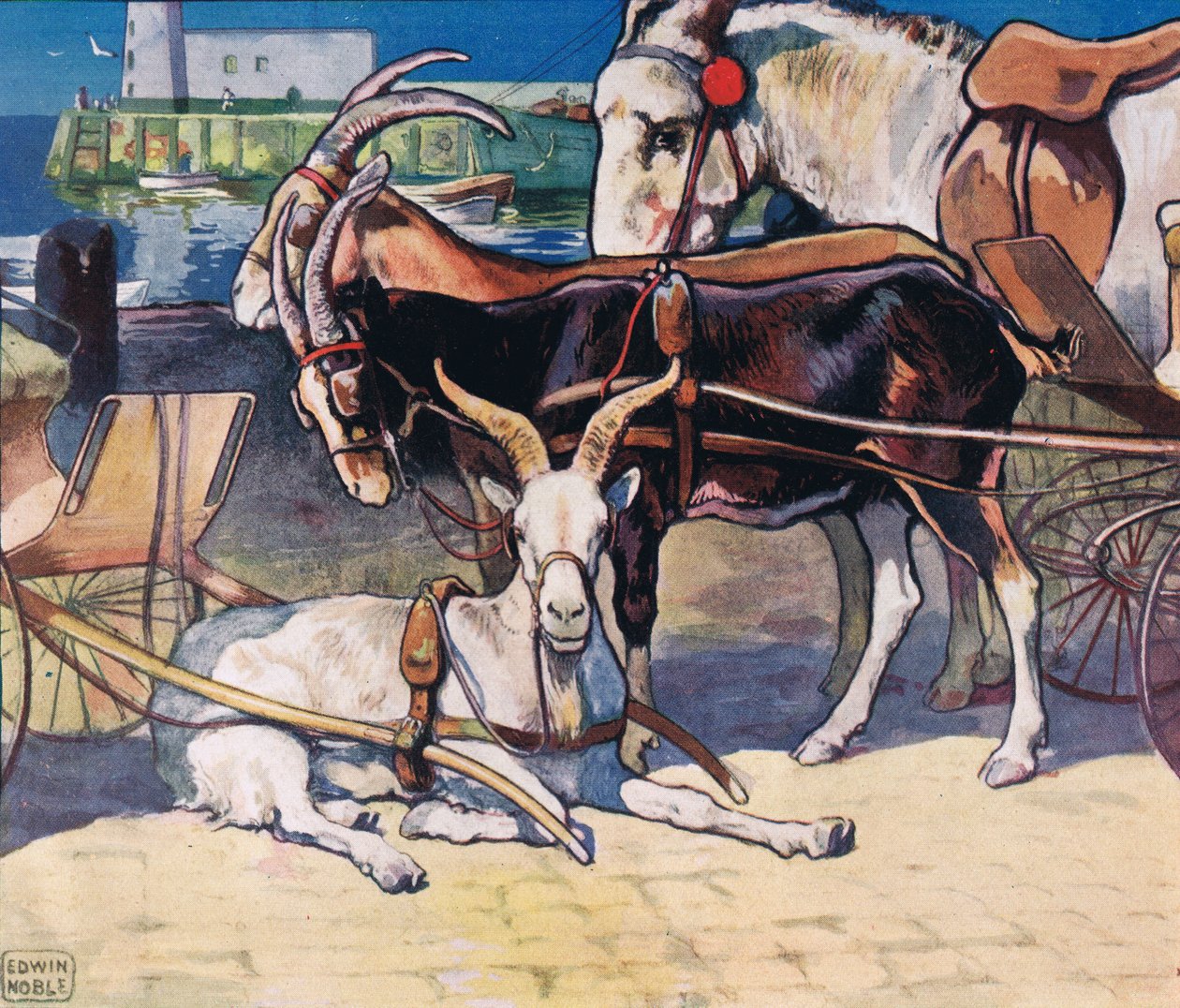 Vuohet lepäämässä, kuvitus vuonna 1919 julkaistusta Gladys Davidsonin teoksesta "Helpers Without Hands" (värilitho) tekijältä John Edwin Noble