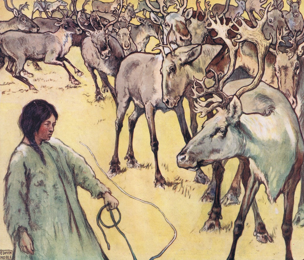 Hirvilauma, kuvitus Gladys Davidsonin "Helpers Without Hands" -julkaisusta, julkaistu vuonna 1919 (värilitho) tekijältä John Edwin Noble