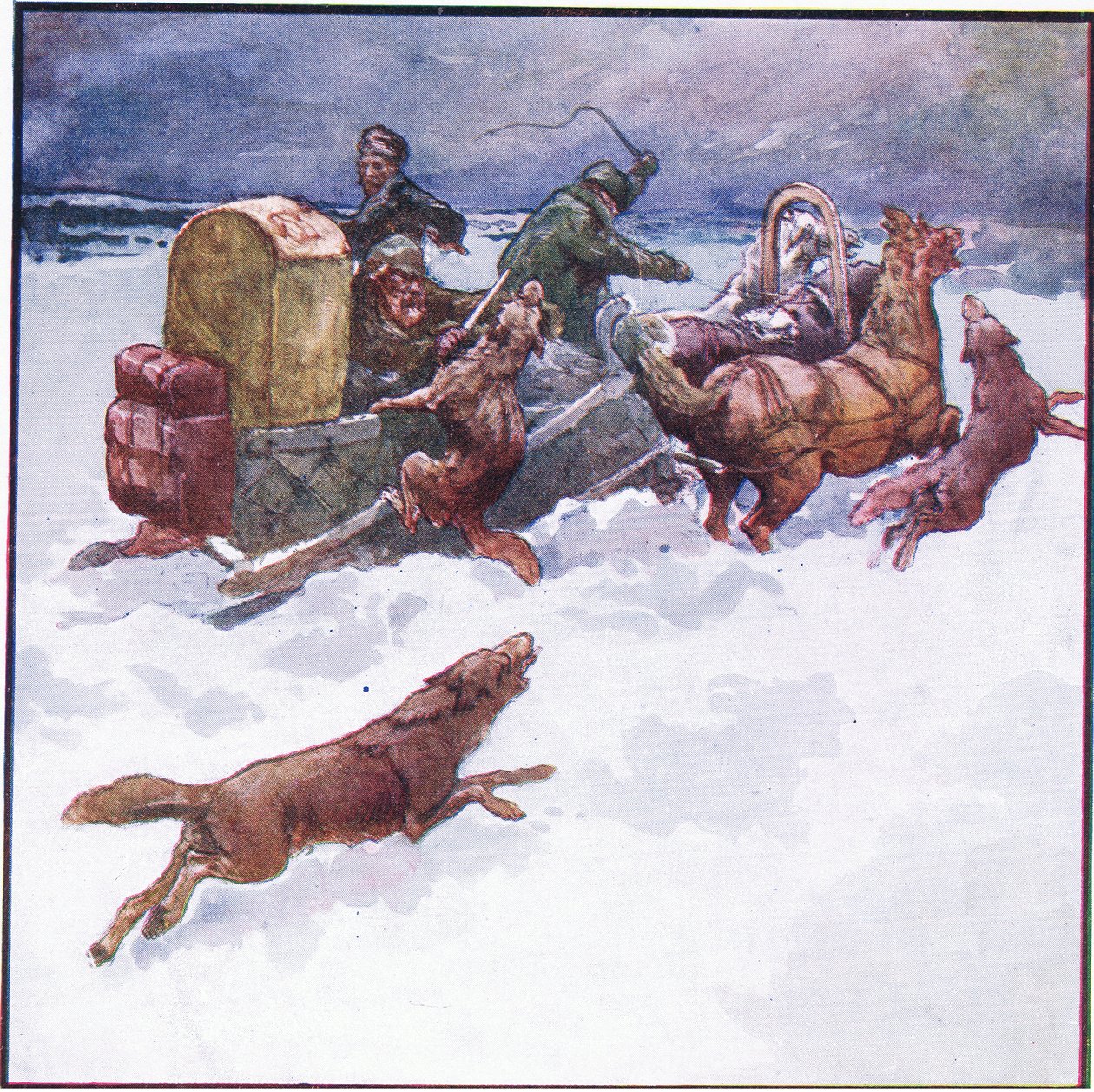 Toverini työnsi viileästi toisen kätensä suden suuhun (väri litho) tekijältä John Edwin Noble