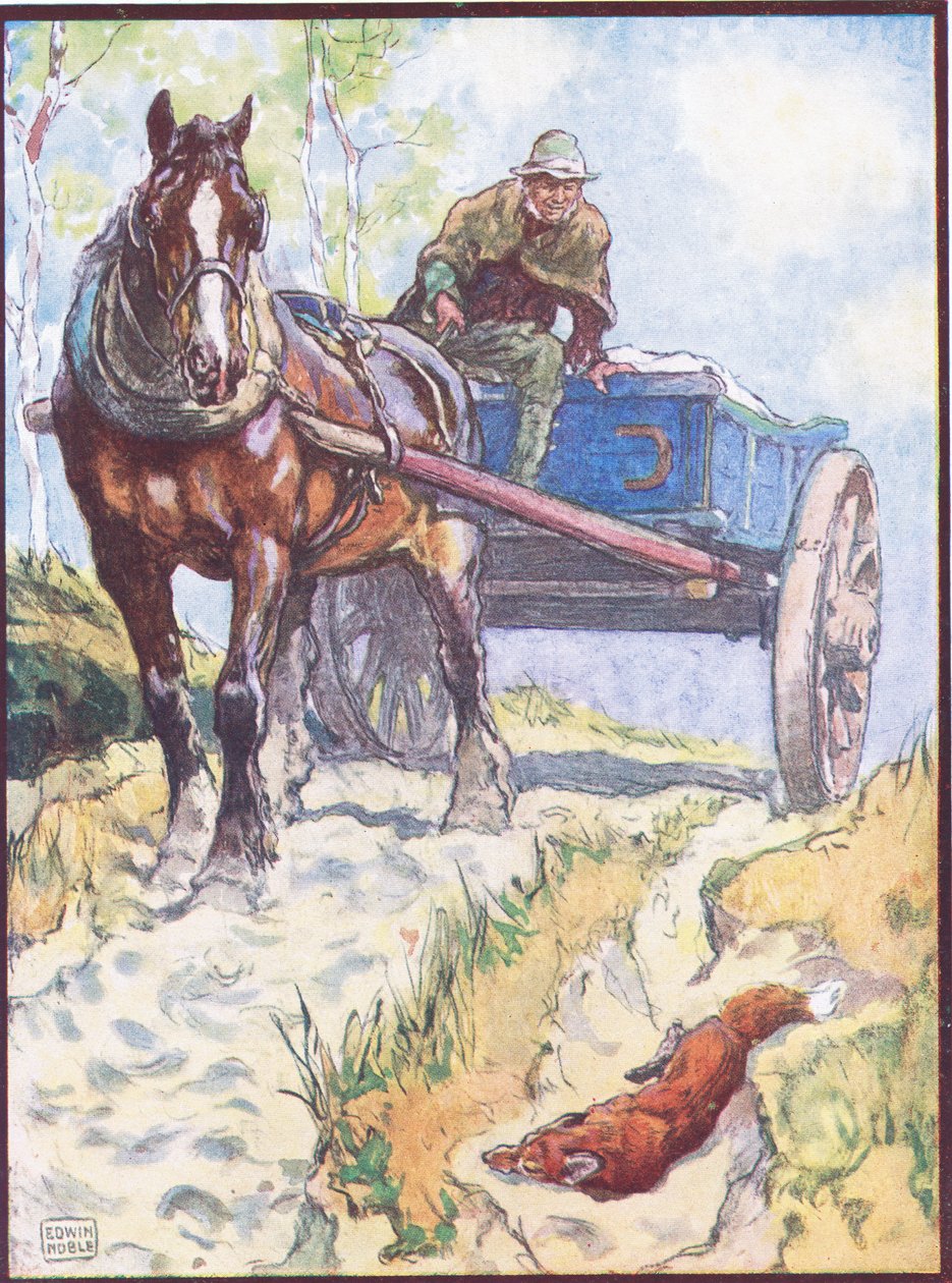 "The Carter Observed a Fox Lieing in a Rut", kuvitus "Reynard the Fox" -lehdelle, "Animal Legends from Many Lands", julkaisija Raphael Tuck & Sons Ltd. (väri litho) tekijältä John Edwin Noble
