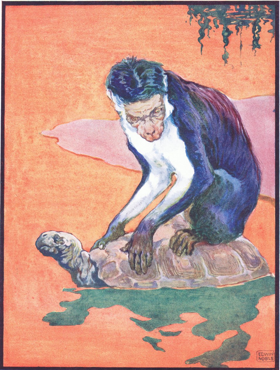 "The Monkey at Once Became Suspicious", kuvitus teoksesta "The Tortoise and the Monkey", julkaisija Raphael Tuck & Sons Ltd. (väri litho) tekijältä John Edwin Noble