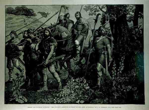 Suunnittelu Windsor Tapestry: Kentin miehet marssivat Haroldin armeijan edessä, The Illustrated London News, 29. huhtikuuta 1882 tekijältä John Evan Hodgson
