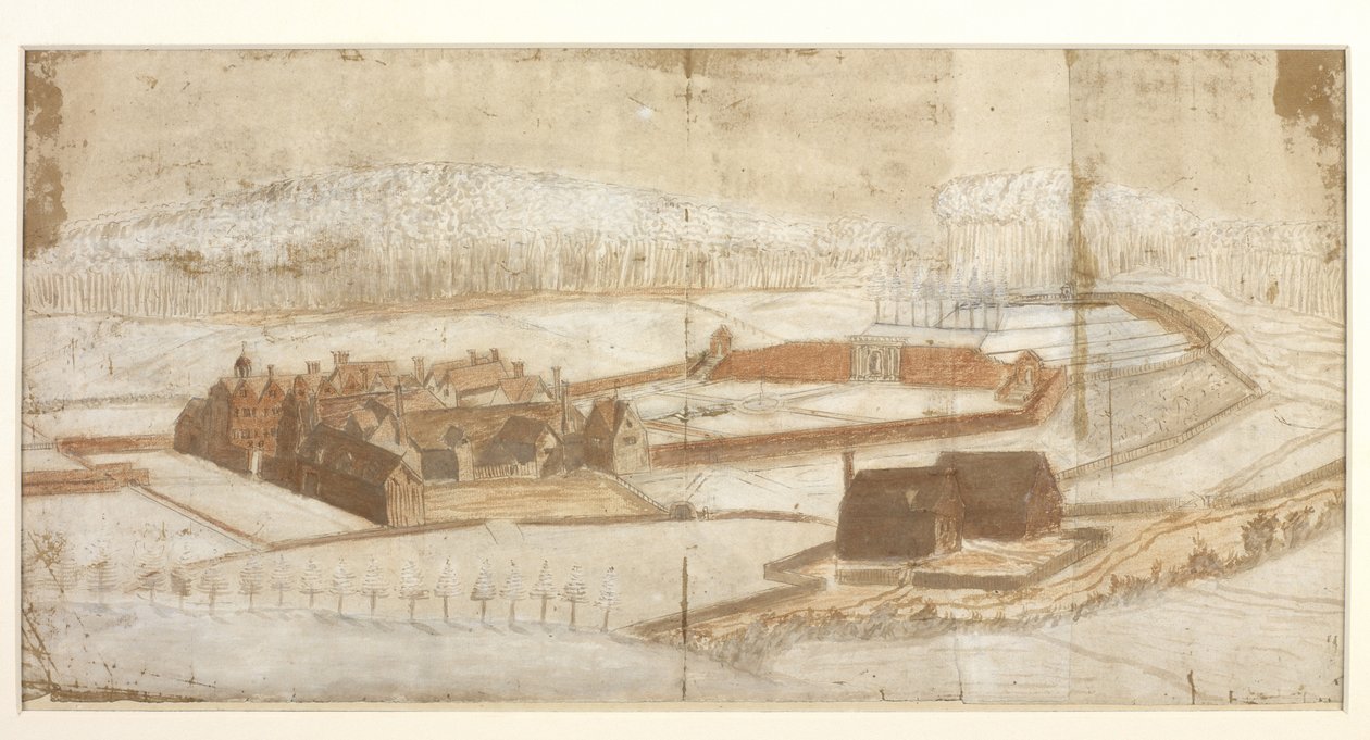 Lisätä. 78610.(h) Näkymä Wottonista puutarhaan, luolaan ja ympäristöineen länsikulmasta, n. 1650 (kynä ja muste värikynällä & pesuaine) 215 x 435 mm  John Evelyn  1650-luku? tekijältä John Evelyn