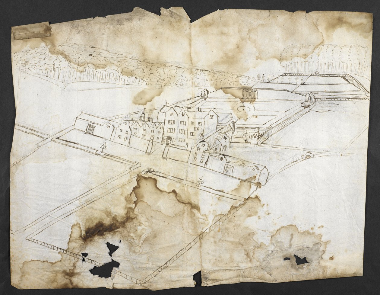 Lisätä. 78610 (i) Prospekti Wottonista, jossa on puutarha, luola ja ympäristö luoteesta, n. 1650 (kynä ja muste paperille) tekijältä John Evelyn