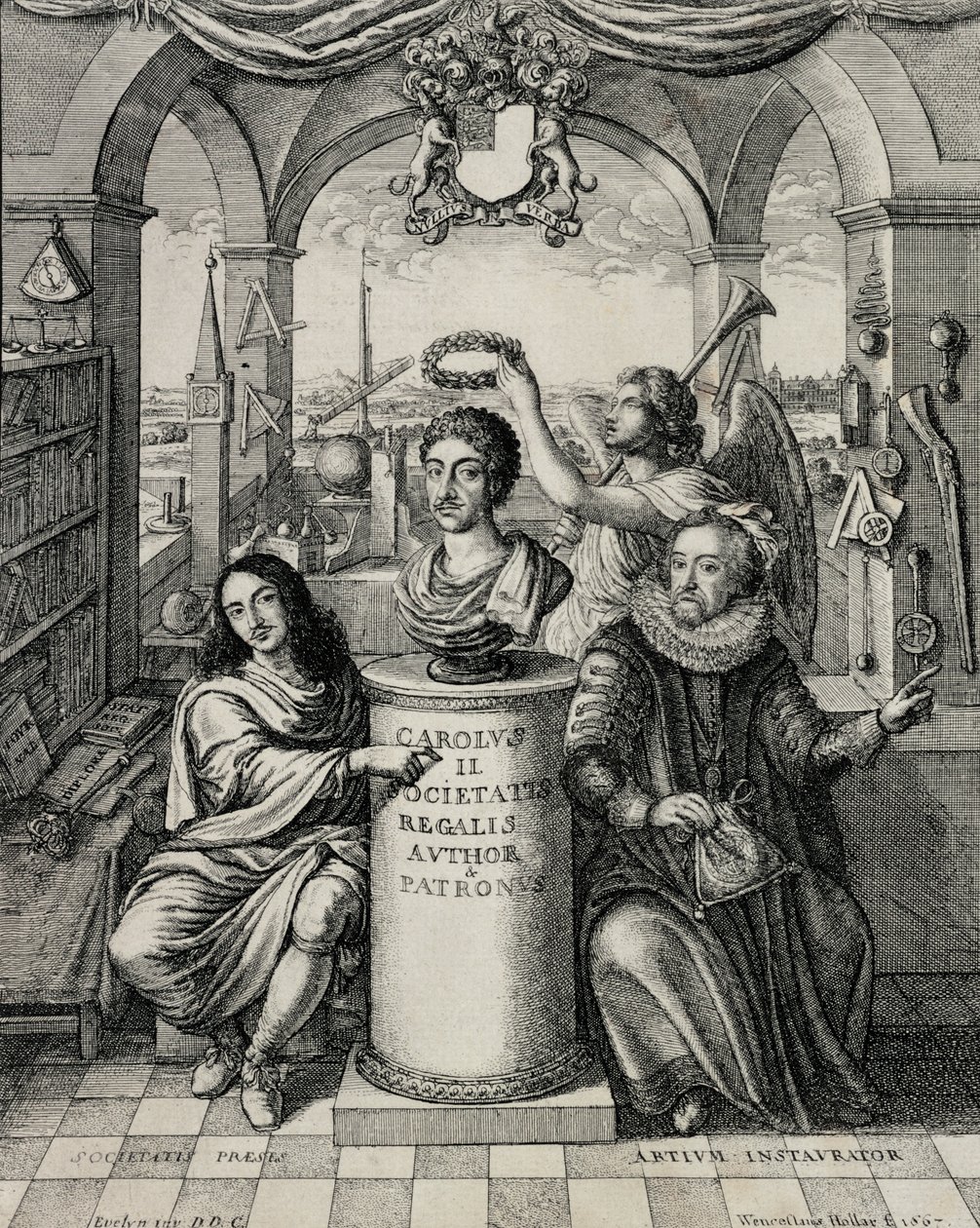 Kaarle II (1630-85) Royal Societyn suojelijana, kaiverrus Wenceslaus Hollar (1607-77) 1667 tekijältä John Evelyn