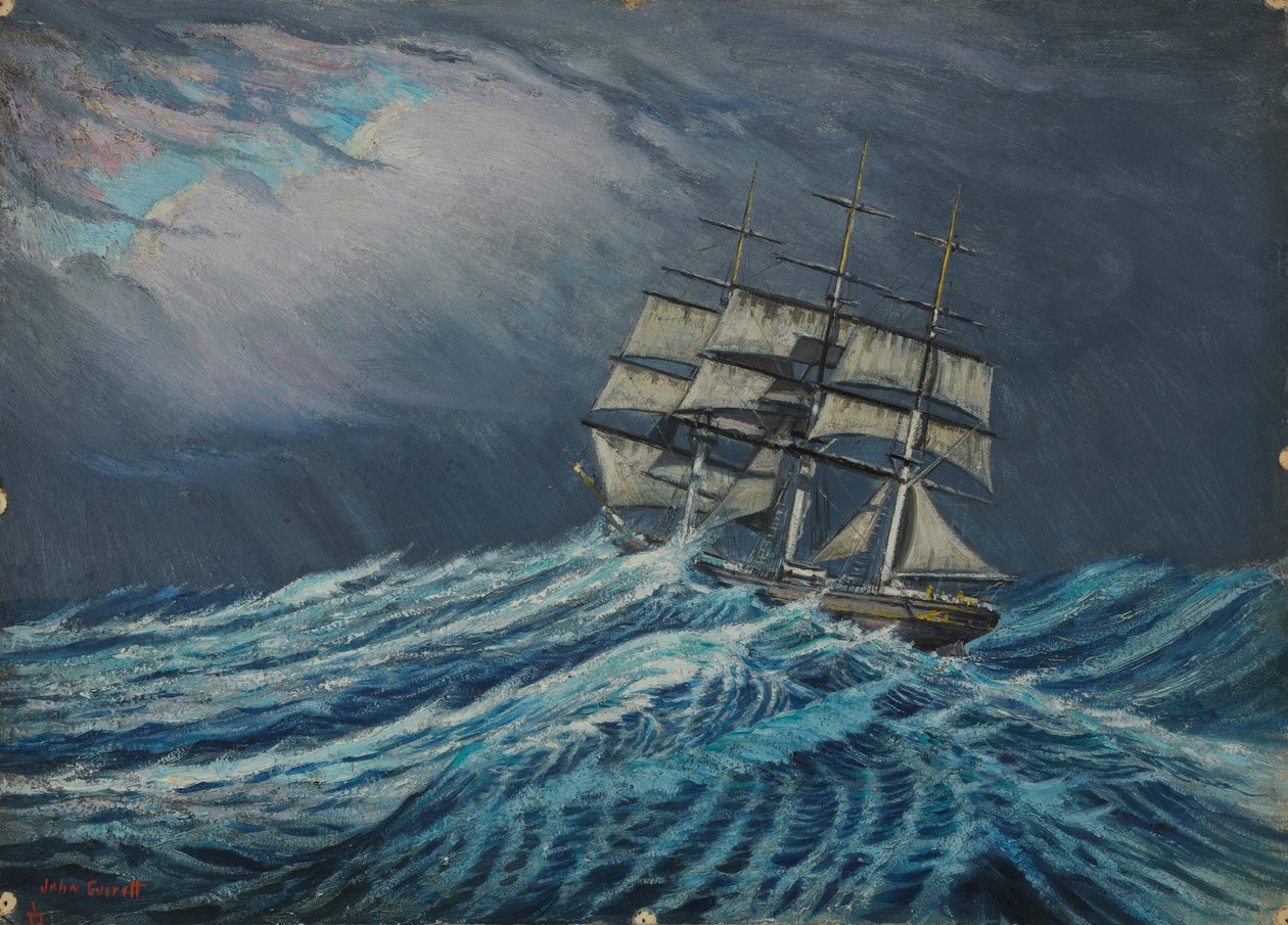 Purjelaiva, 1800-luvun loppu - 1900-luvun puoliväli (öljy kortille) tekijältä John Everett