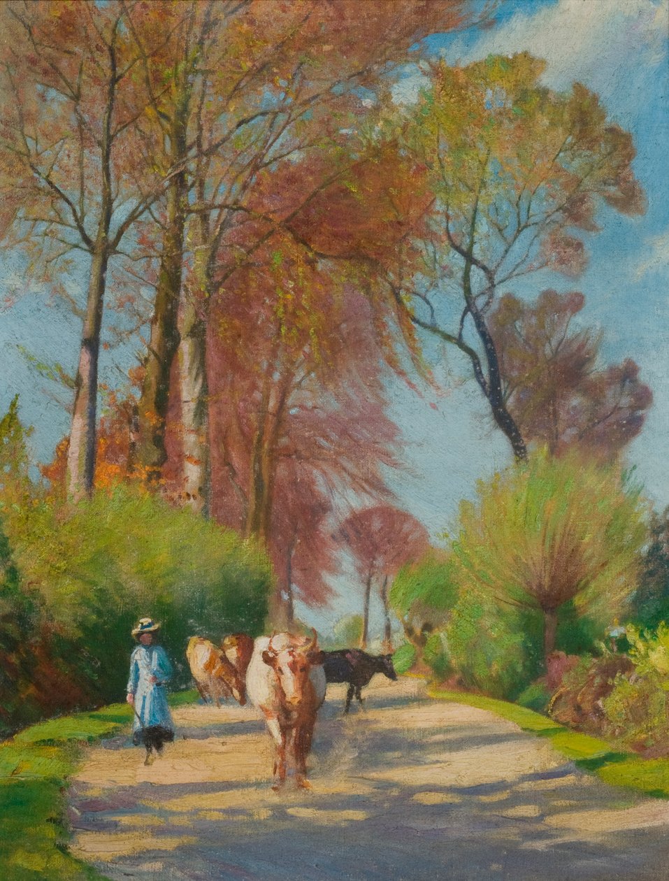 Country Lane amb figura i vaca (oli a bord) finlandès tekijältä John Everett
