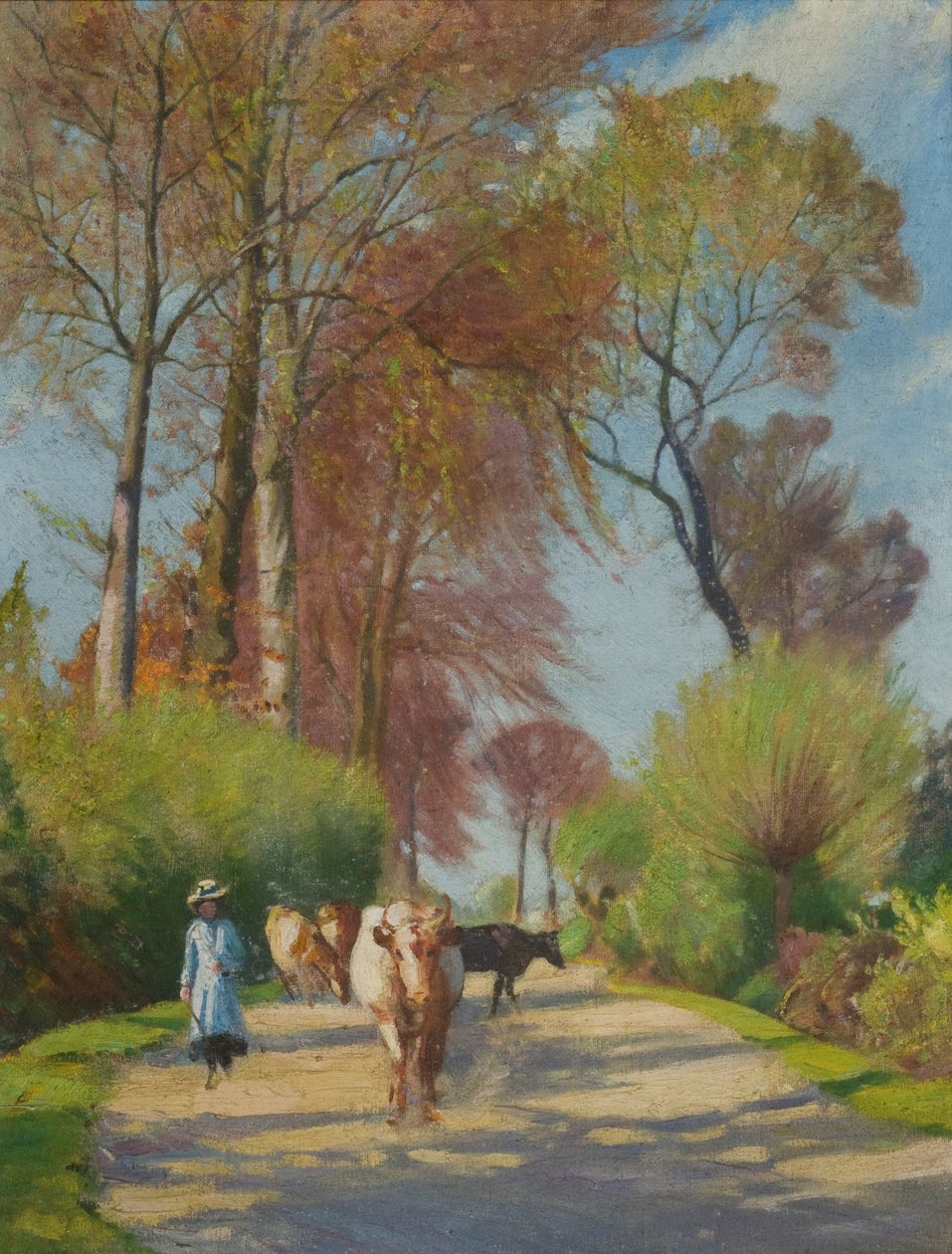 Country Lane figuurin ja lehmän kanssa (öljy aluksella) tekijältä John Everett