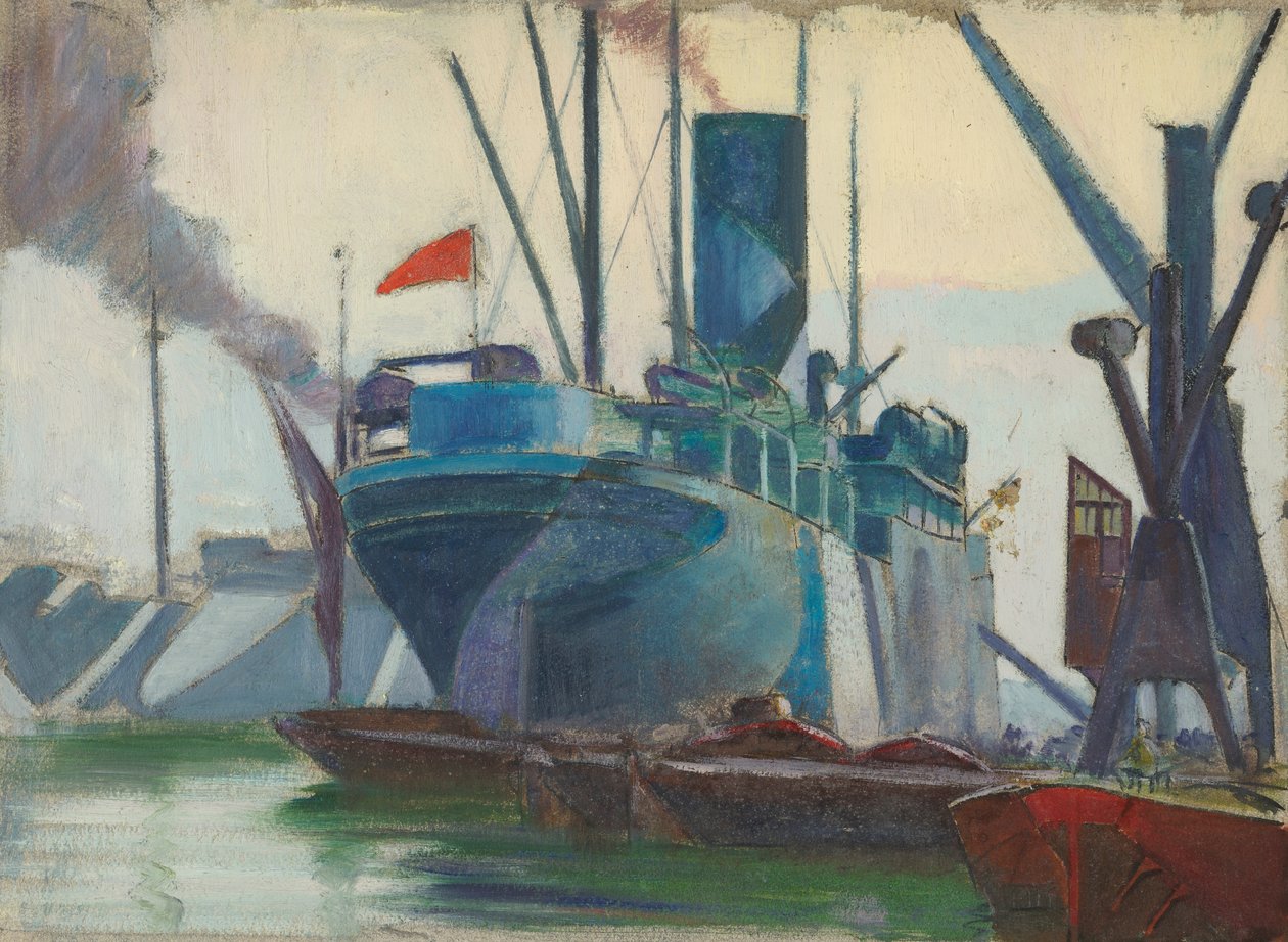 Häikäiseviä laivoja Lontoon satamassa, noin 1915-18 (öljy paperille). tekijältä John Everett