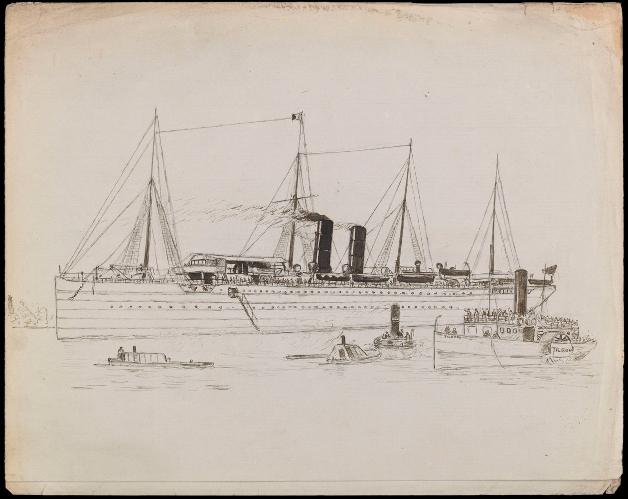 PAH1225; Höyryalus rannikon lähellä, hinaajan ollessa vieressä. Matkustajalaiva hinaajan kanssa ja melahöyrylaiva Tilbury lähellä (piirros). tekijältä John Everett