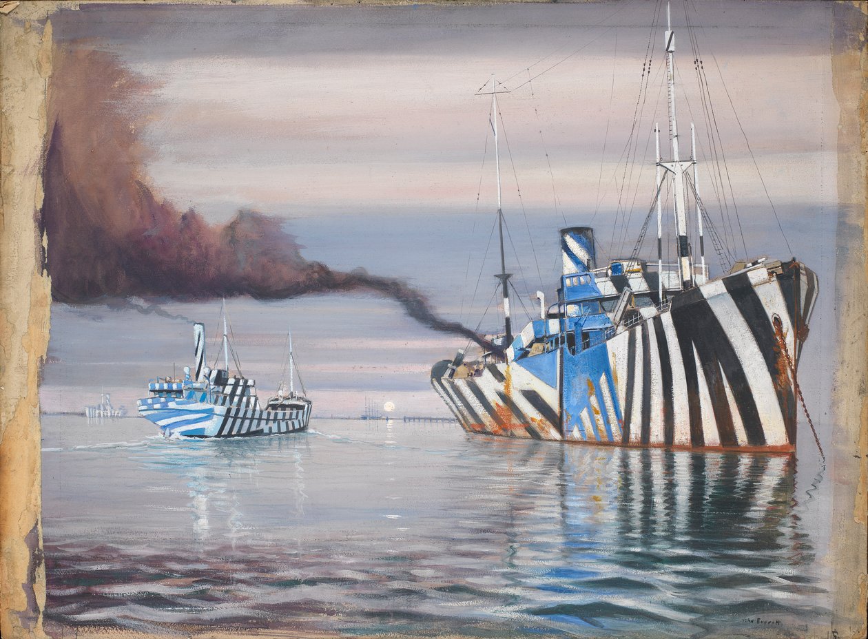 S.S. Lepanto ja toinen höyryalus, molemmat häikäisevästi maalattu, ankkuroituna tyynessä vedessä. tekijältä John Everett