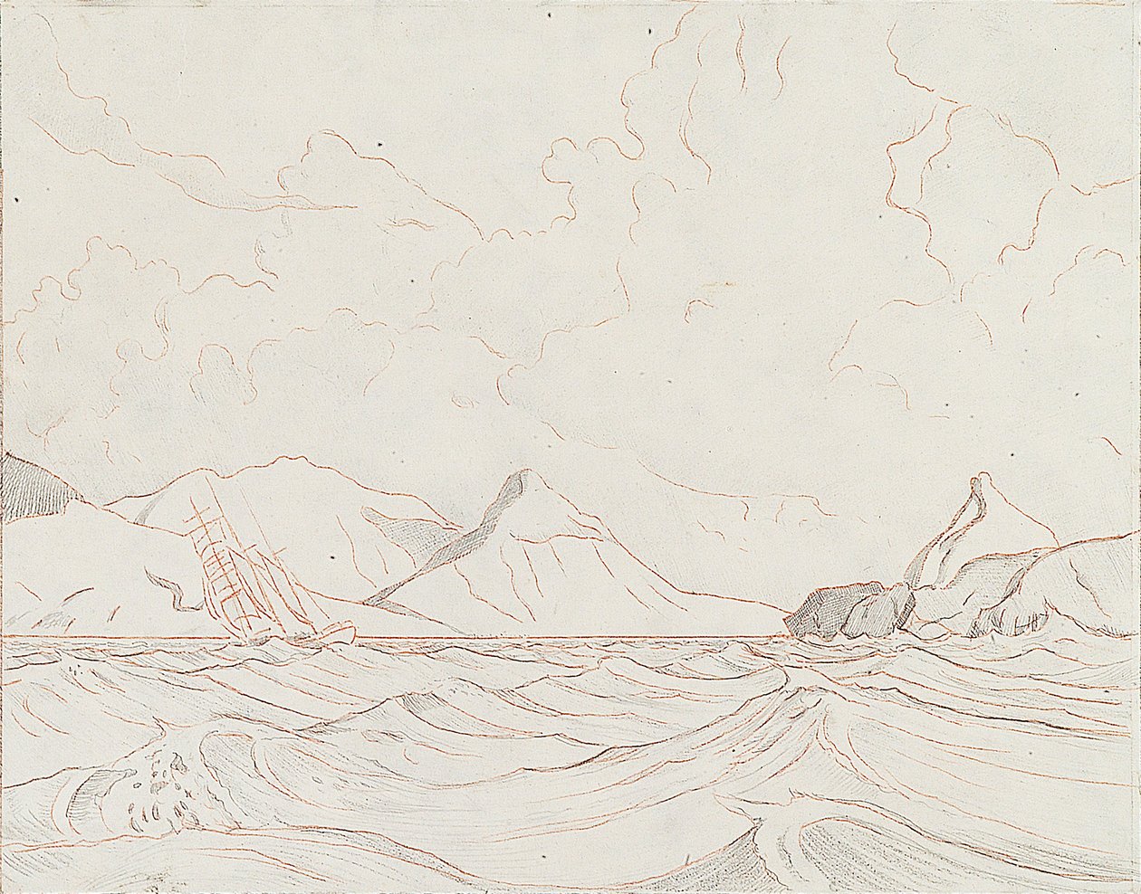 Merimaisema, jossa alus ohittaa maata (1), 1900-luvun alku (grafiitti, ruskea väriliitu) tekijältä John Everett