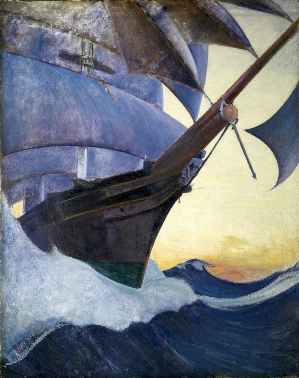 Cutty Sark -laiva keulasta katsottuna, yksi 1800-luvun kuuluisimmista kauppalaivoista. Herbert Barnard John Everettin (1876-1949) öljy kankaalle, noin 1930. tekijältä John Everett