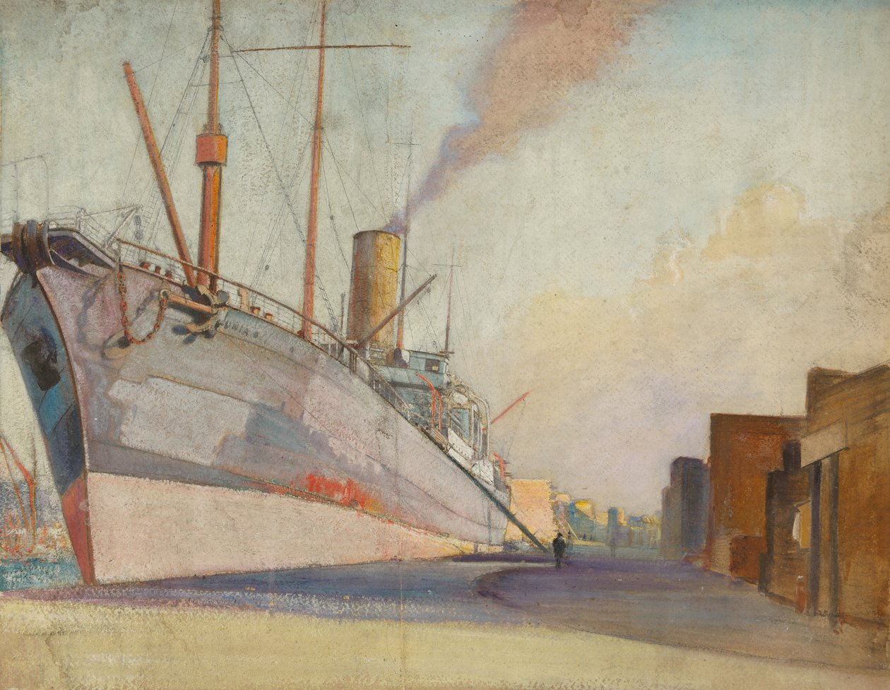 Kaapelinlaskualus "Telconia", noin 1910-30 (öljy paperille). tekijältä John Everett