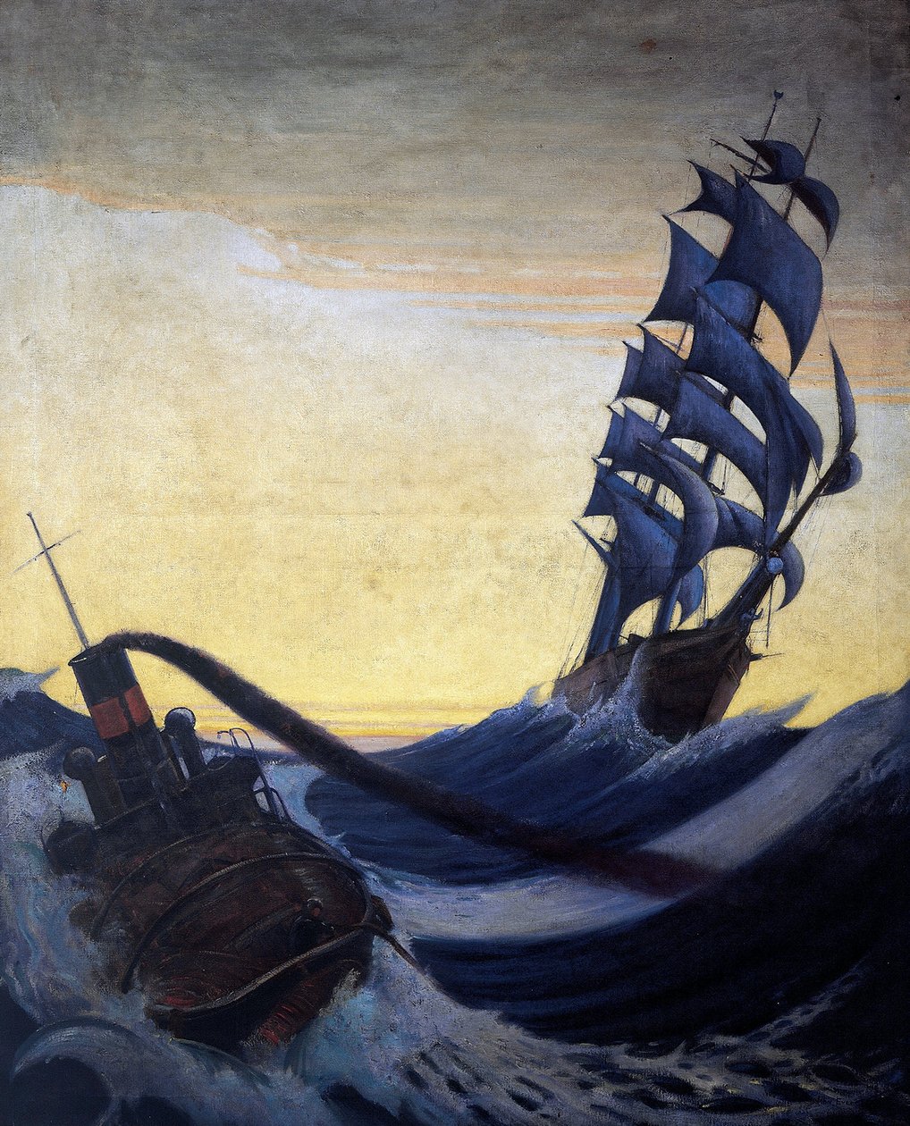 Purjevene "Cutty Sark" on täydessä purjeessa aallonharjalla ja hinaajalla. Öljy kankaalle tekijältä John Everett