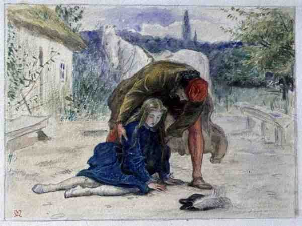 Kuvitus Robert Buchananin (1841-1901) runosta "Maid Avoraine", n. 1862-3 (akvarelli) tekijältä John Everett Millais