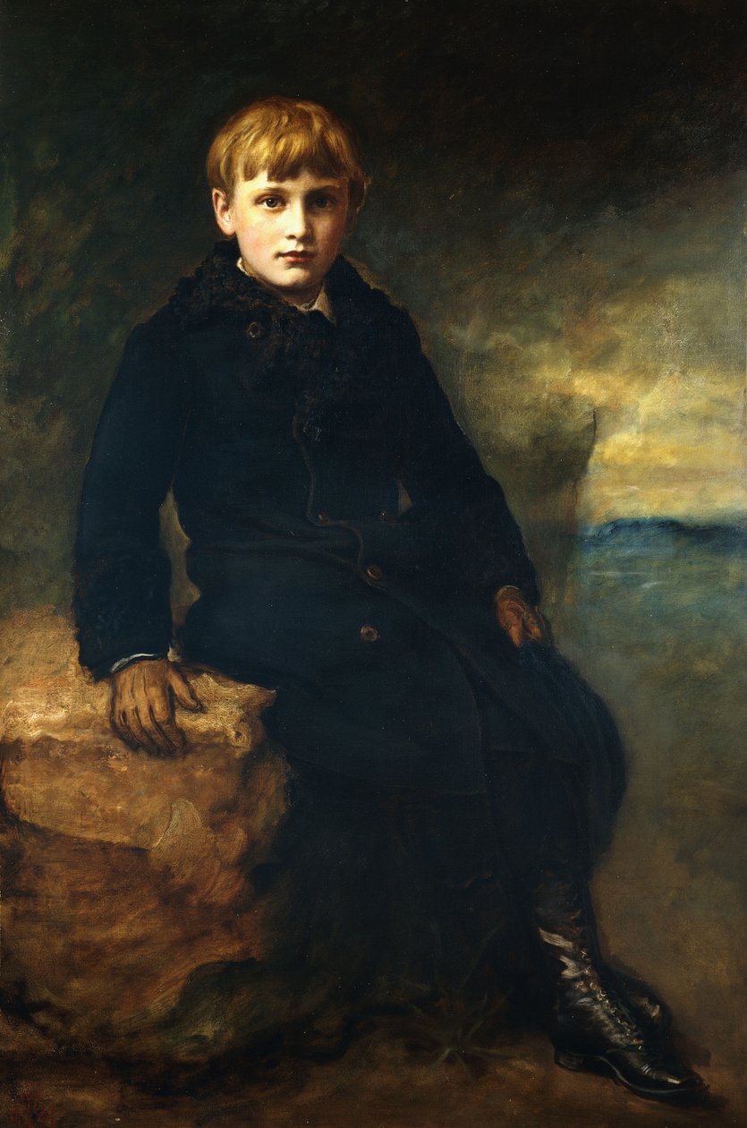 Muotokuva Cecil Webbistä, istuu koko pituudeltaan, yllään musta takki ja turkiskaulus, 1887 tekijältä John Everett Millais