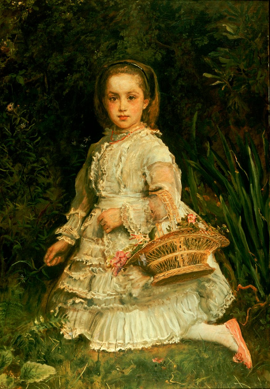 Muotokuva Graciasta, täyspitkä, yllään valkoinen mekko, poimimassa luonnonkukkia tekijältä John Everett Millais