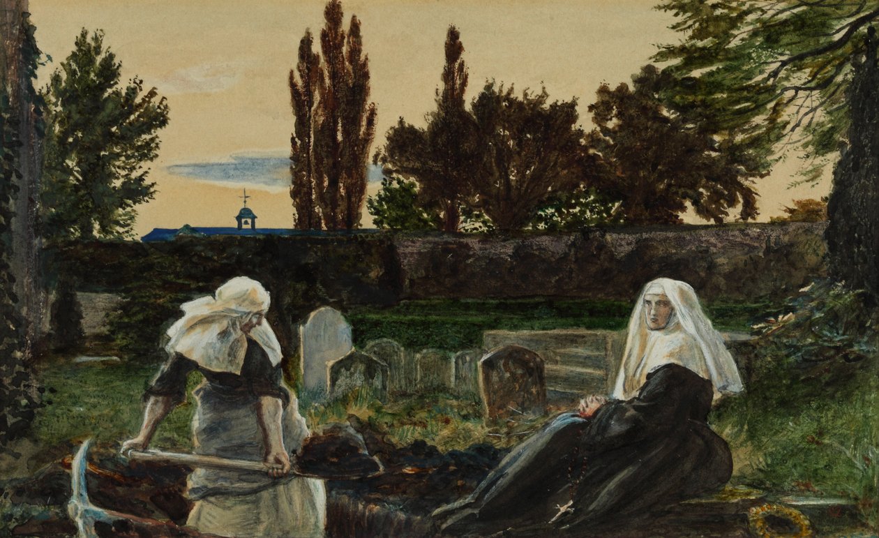 Tutkimus "The Vale of Rest" (akvarelli, guassi ja arabikumi paperille) tekijältä John Everett Millais