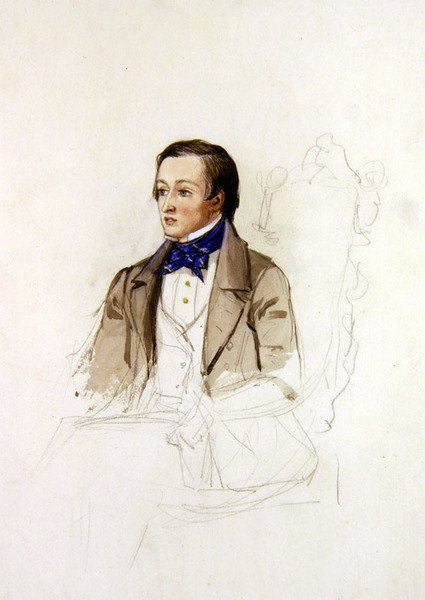 Tutkimus R. Stephensin muotokuvaa varten Merton Collegesta, Oxfordista, n. 1850 (kynä ja akvarelli paperille) tekijältä John Everett Millais