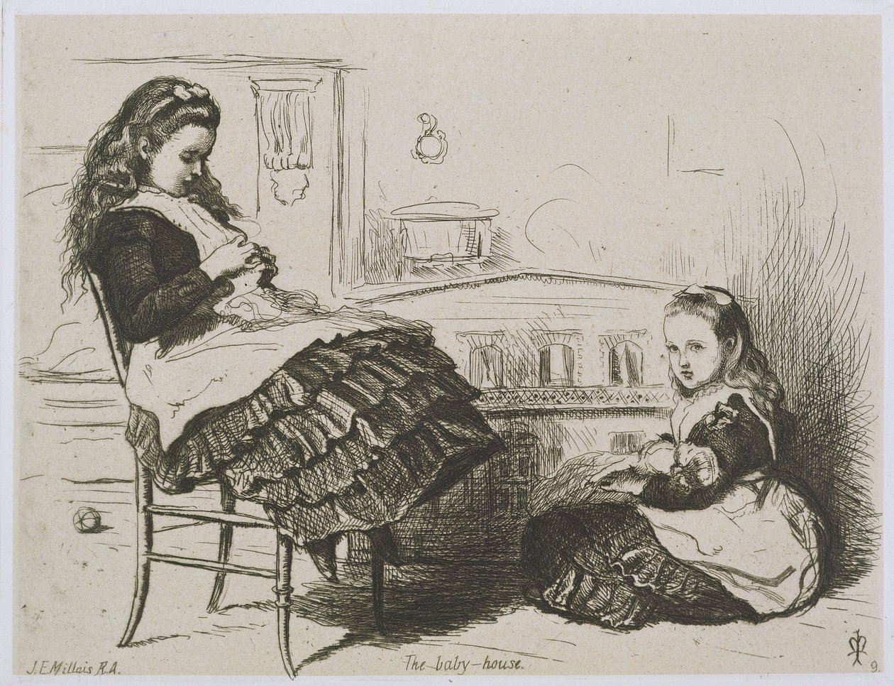 The Baby House, numero 9 Etching Clubin Lontoon Art Unionin etsaussarjasta (etsaus Intian vedospaperille, joka on asetettu kudospaperille) tekijältä John Everett Millais