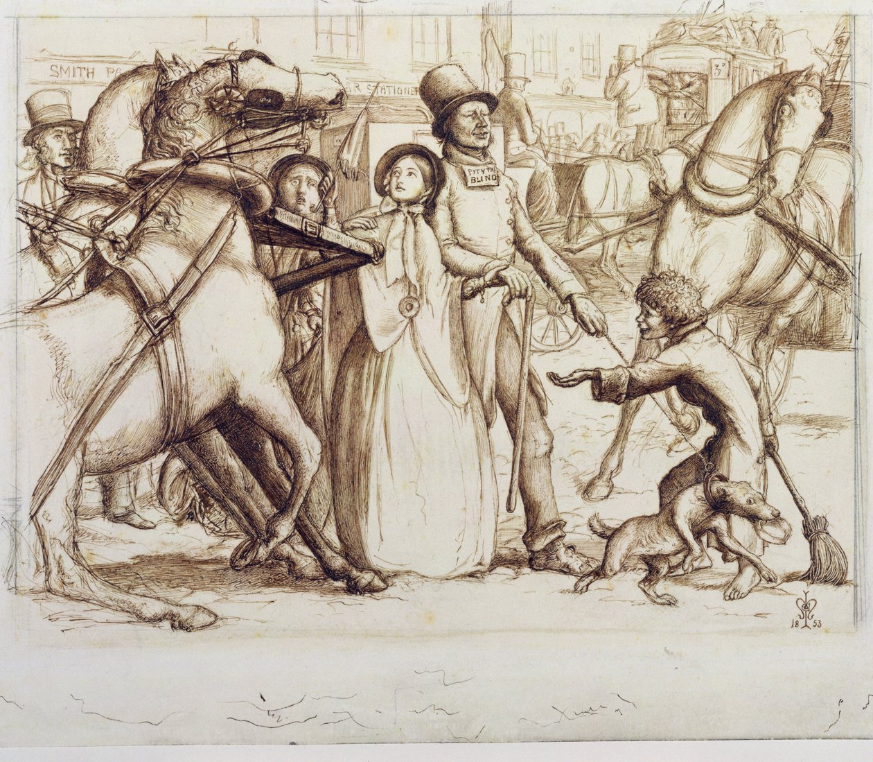 Sokea mies, 1853 (kynä, muste, pesu ja grafiitti kudottupaperille) tekijältä John Everett Millais