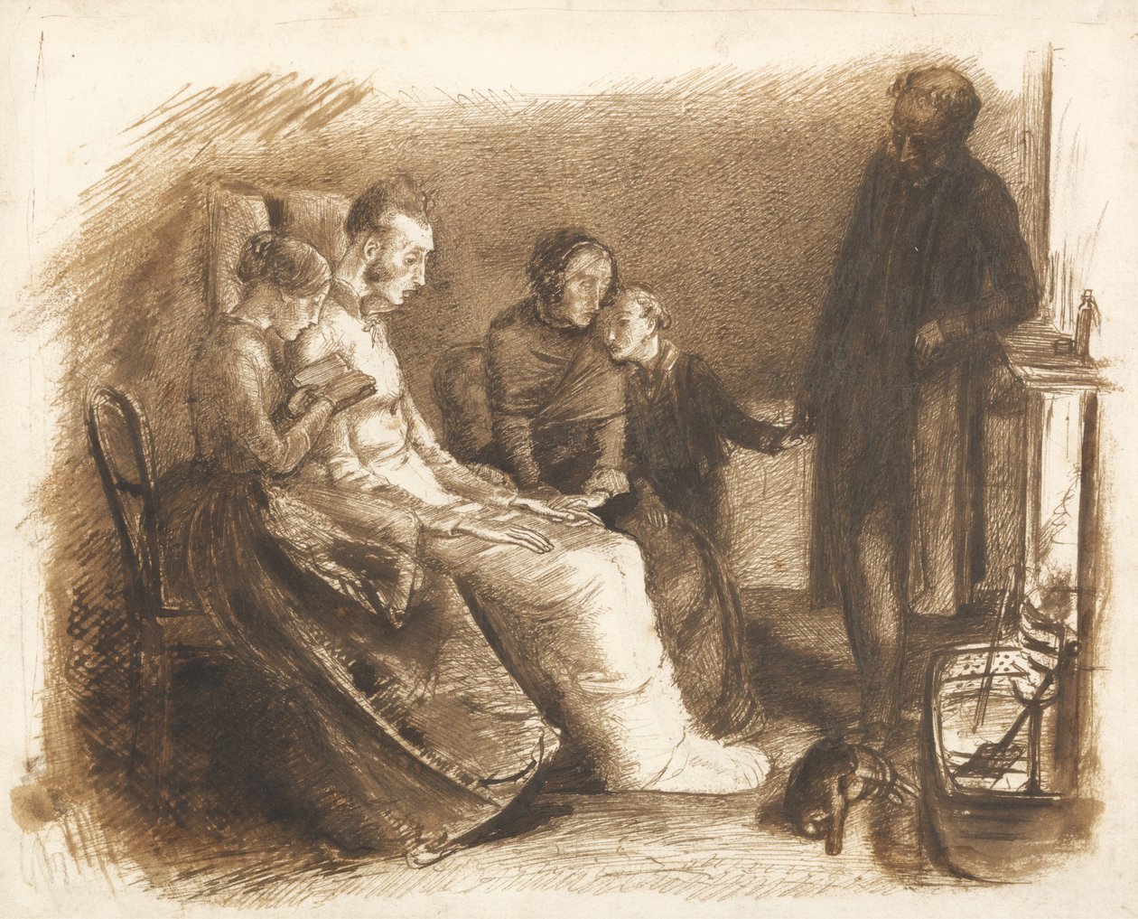 The Dying Man, n. 1853 (kynä ja sivellin sekä ruskea muste paperille) tekijältä John Everett Millais
