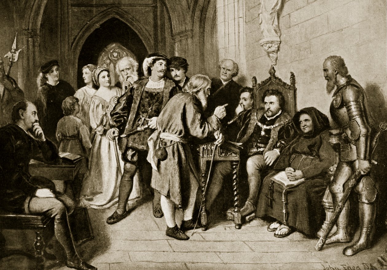 James IV neuvostossa ennen Floddenin taistelua, 1513, kuva "Hutchinsonin tarinasta brittiläisestä kansasta", n. 1923 tekijältä John Faed