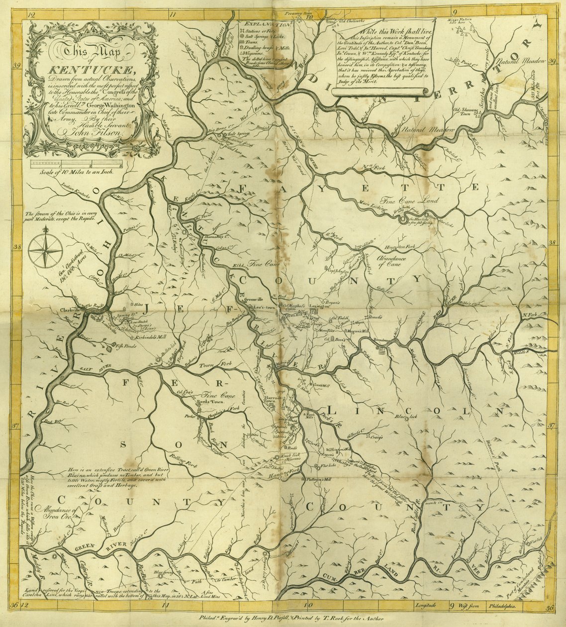 Kentucken kartta..., kaiverrettu Henry D. Pursellin toimesta, painettu T. Rookin toimesta, Philadelphia, 1784. tekijältä John Filson