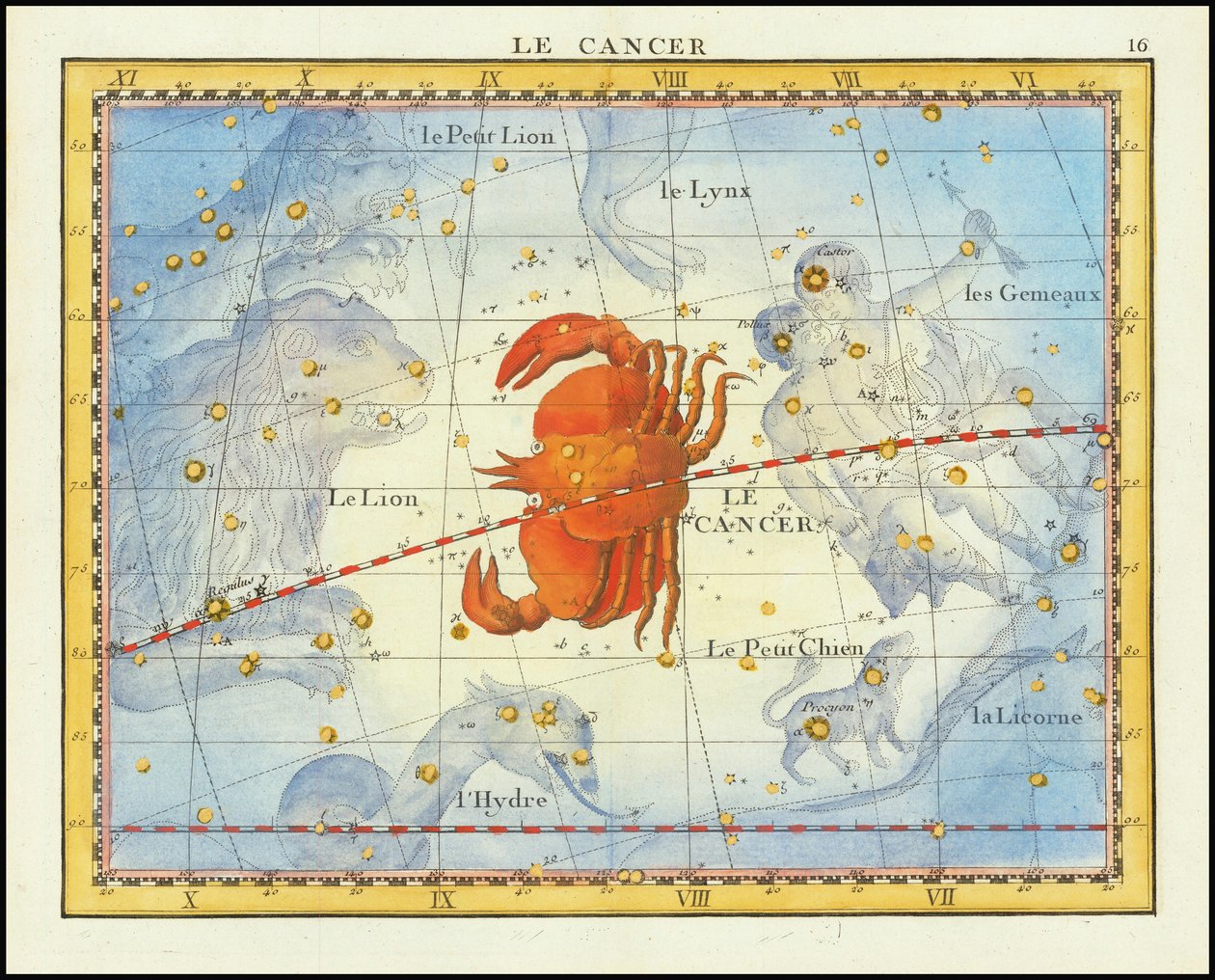 Vuoden 1776 kartta Cancer-tähdistöstä ja sen naapuritähtikuvioista Fortinin Atlas Celeste de Flamsteed -teoksesta. tekijältä John Flamsteed