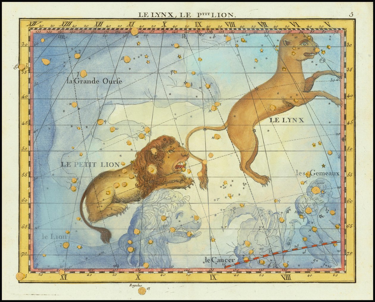 Vuoden 1776 tähtikartta Leijonan tähdistöstä, Fortinin Atlas Celeste de Flamsteed -teoksesta. tekijältä John Flamsteed