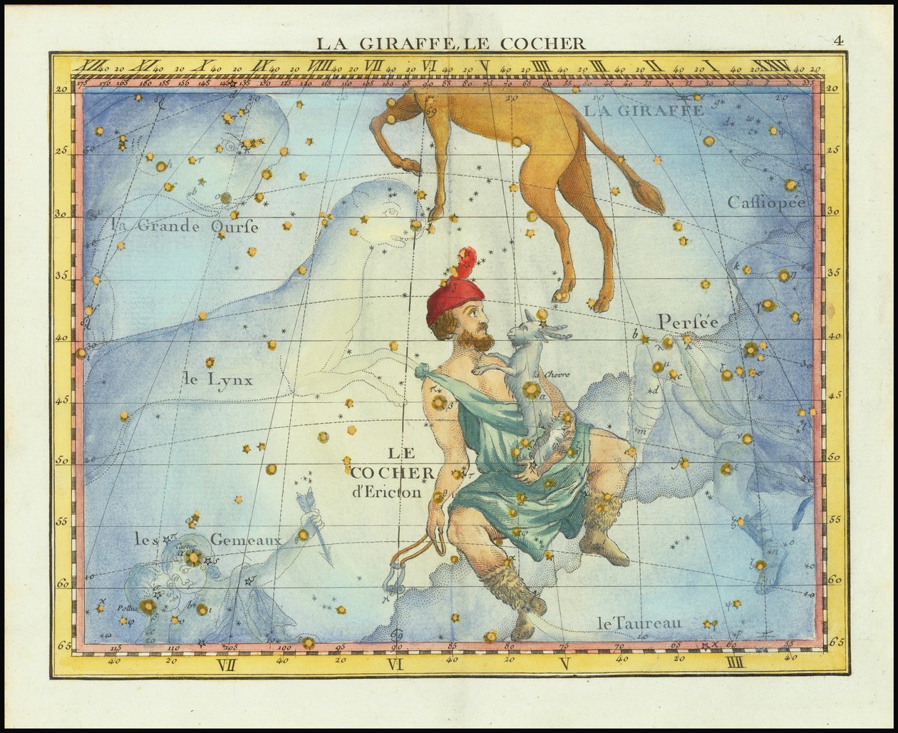 Vuoden 1776 tähtikartta Camelopardalin ja Aurigan tähdistöstä sekä naapuritähtikuvioista Fortinin Atlas Celeste de Flamsteed -teoksesta. tekijältä John Flamsteed