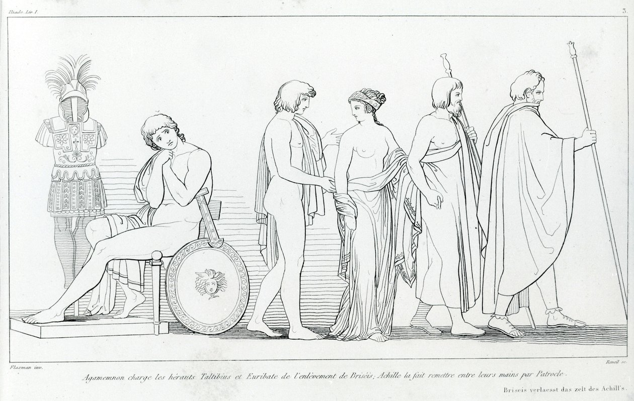Agamemnon syytti heraldeja Taltibiusta ja Euribatia Briseisin sieppauksesta; Patrokles antoi Akilles sen heidän käsiinsä. John Flaxmanin (1755 - 1826) piirustus. Homeroksen Ilias. Laulaminen I tekijältä John Flaxman